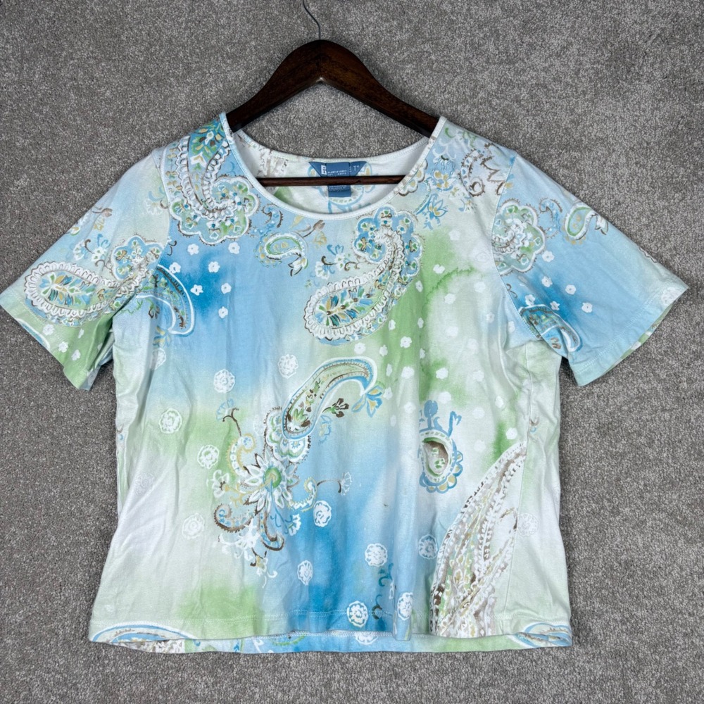 Koret Petite Blue Green Paisley Beaded Cotton Short Sleeve Top Size PL